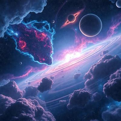 The primary subject of the image is a purple and pink nebula with a heart shape in the middle. The setting is a space filled with various celestial bodies, including planets and moons. The visual style is a digital art or illustration, creating a vibrant and colorful atmosphere. The dominant colors are purple and pink, with the heart shape adding a touch of warmth and love to the scene.